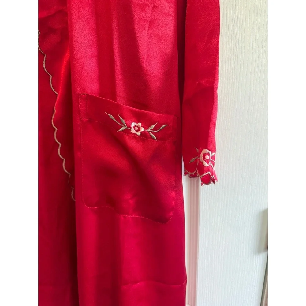 Vintage 100% Silk Peignoir Set Robe Nightgown Embroidered Red Floral Large